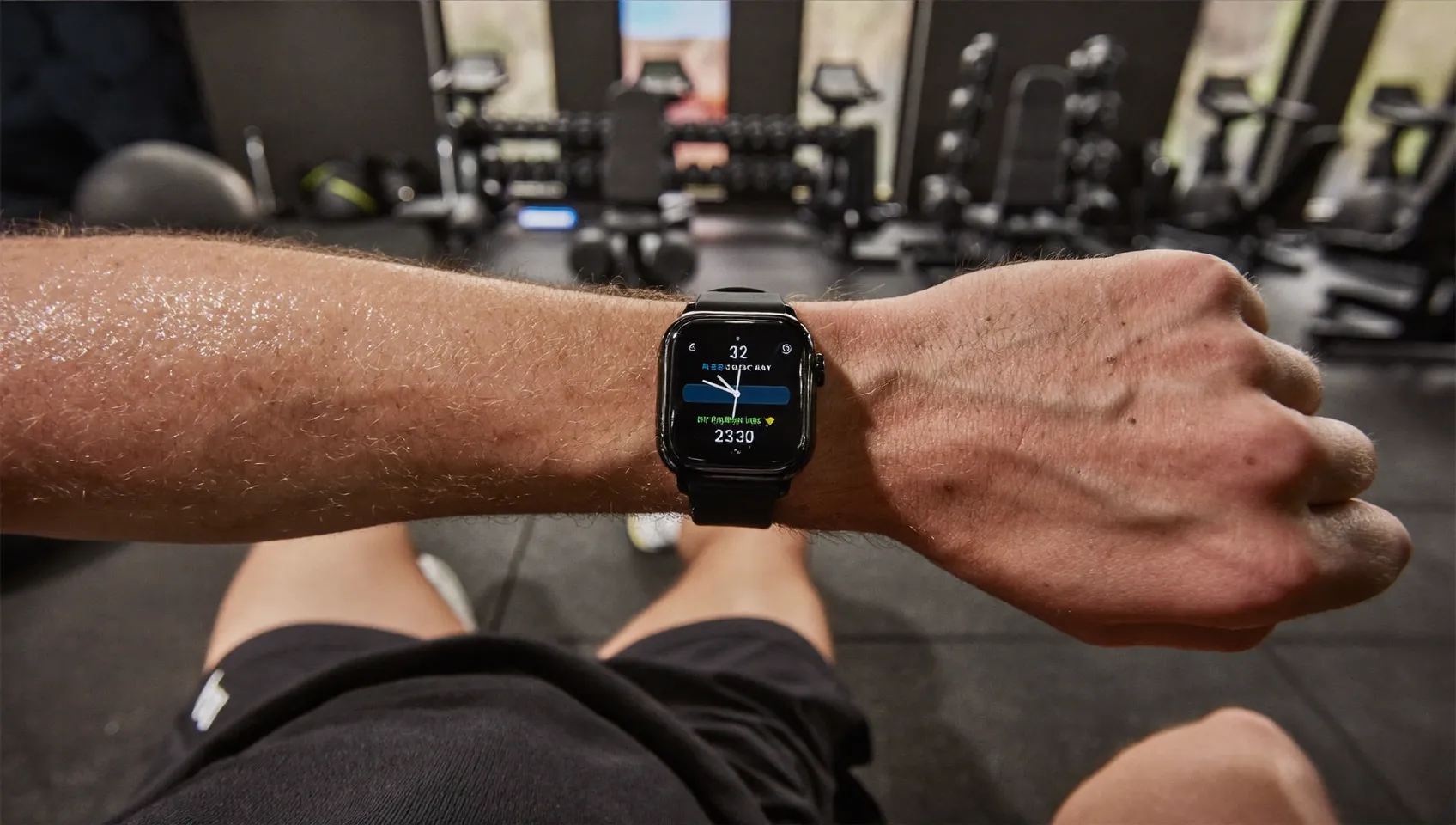 Close-up of a smartwatch on the wrist measuring heart rate and HRV in the gym