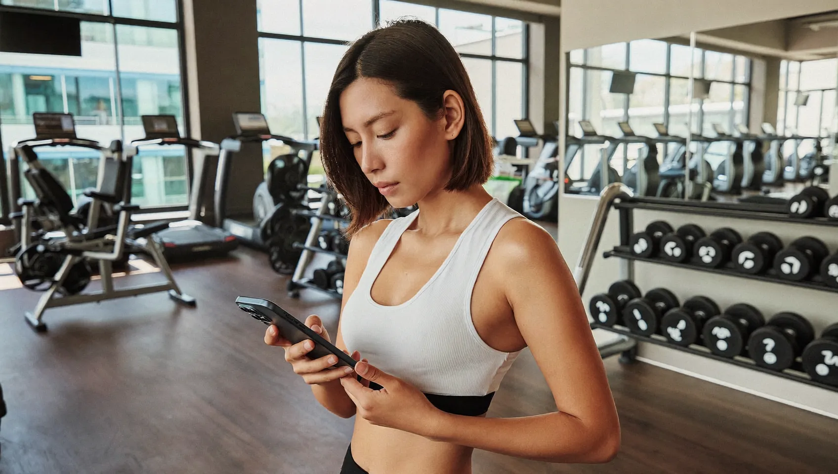 A woman in a Malaysian gym using a fitness app on her phone