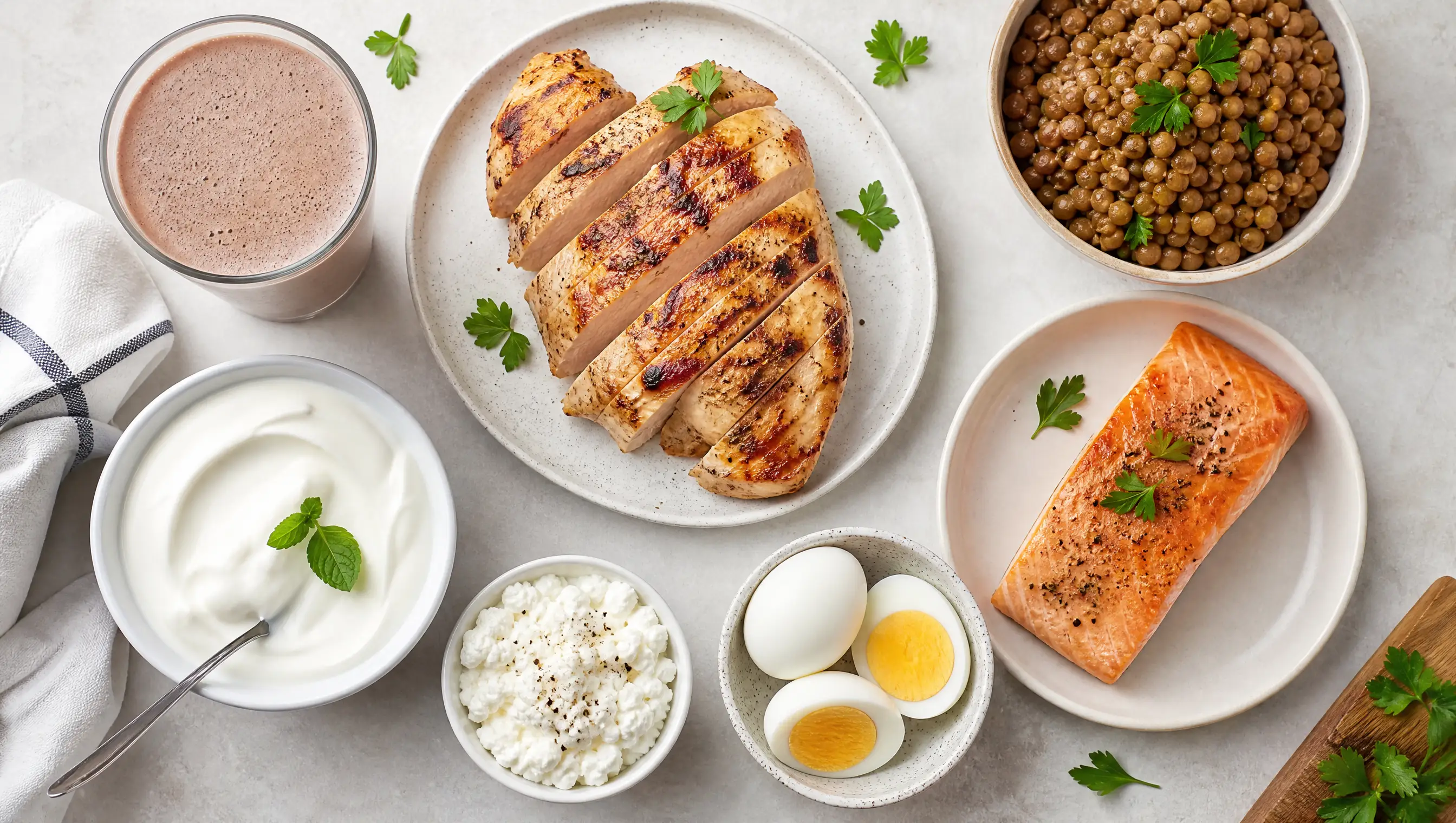 Flat-lay of high-protein foods: chicken, eggs, Greek yogurt, salmon, cottage cheese and lentils