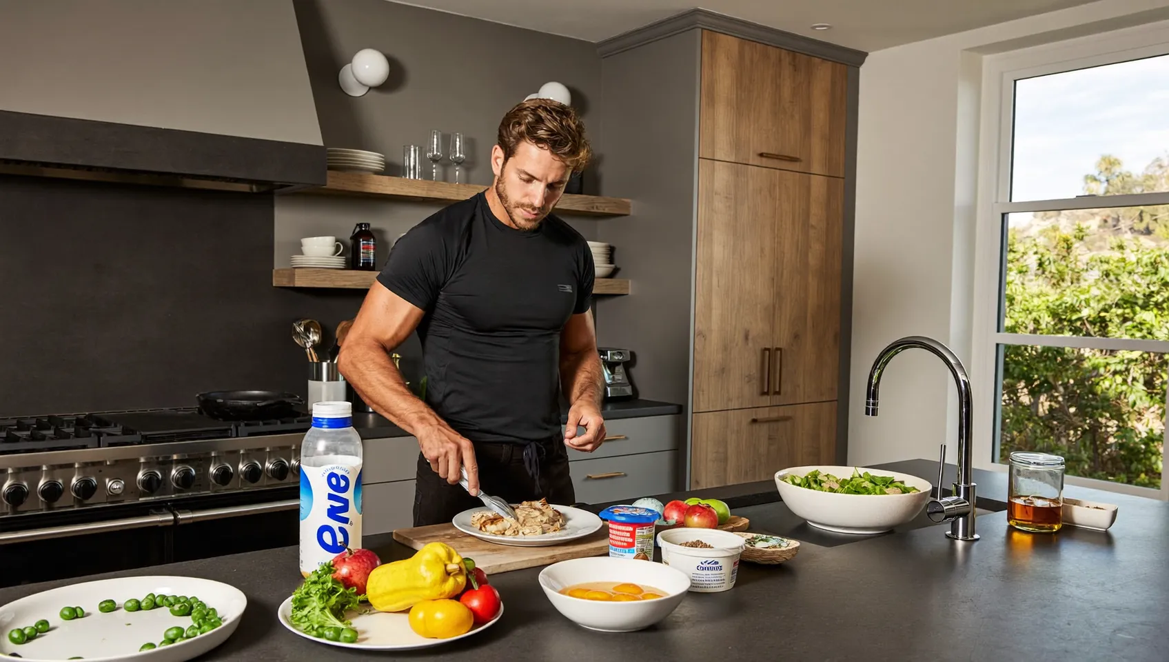 Man preparing a high-protein meal of chicken, eggs and Greek yogurt to build muscle