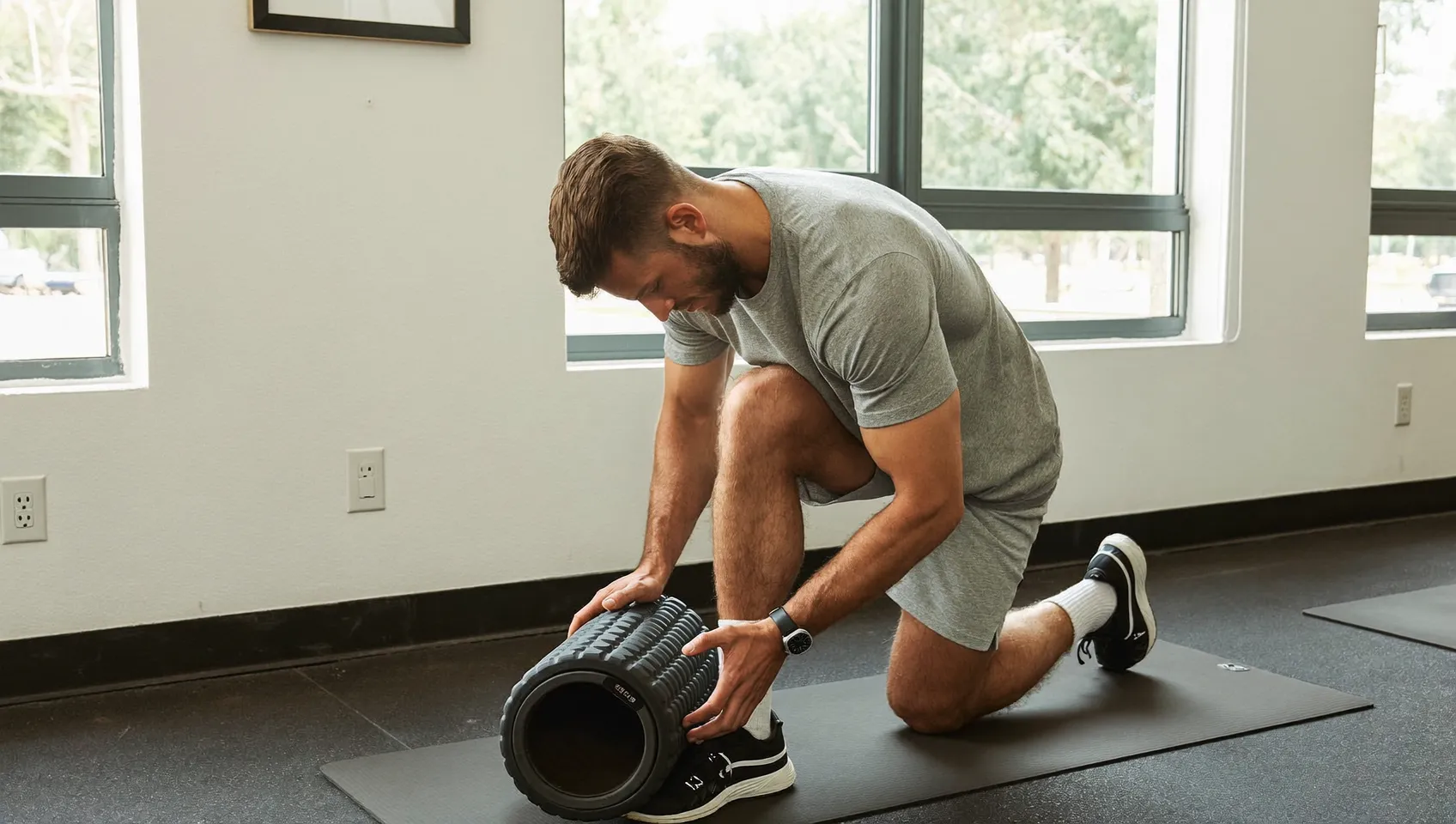 Man foam rolling his sore legs for active recovery instead of a hard workout