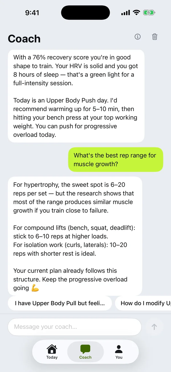 A conversation with the FitAI AI coach about rep ranges for muscle growth.