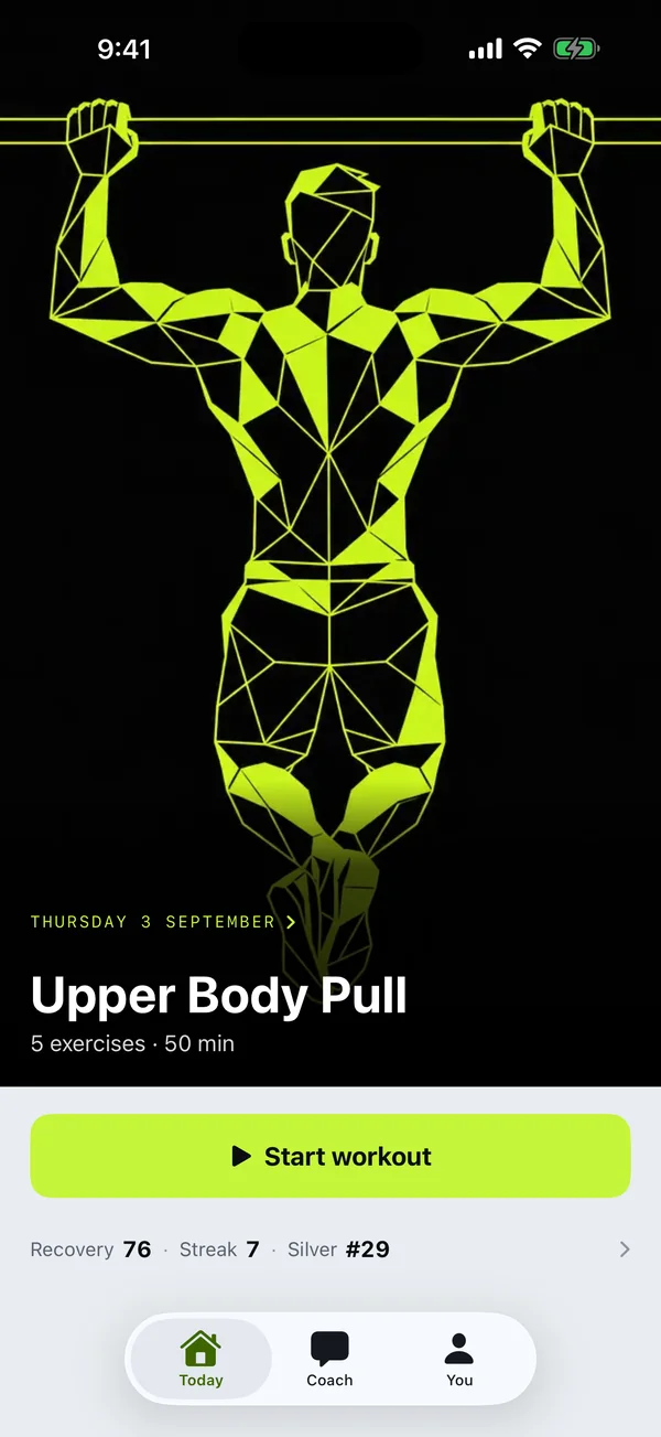 The FitAI Coach home screen showing today's Upper Body Pull session and a Start workout button.