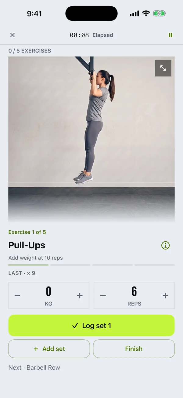 Logging a set of pull-ups in FitAI Coach, with an animated demonstration of the movement.